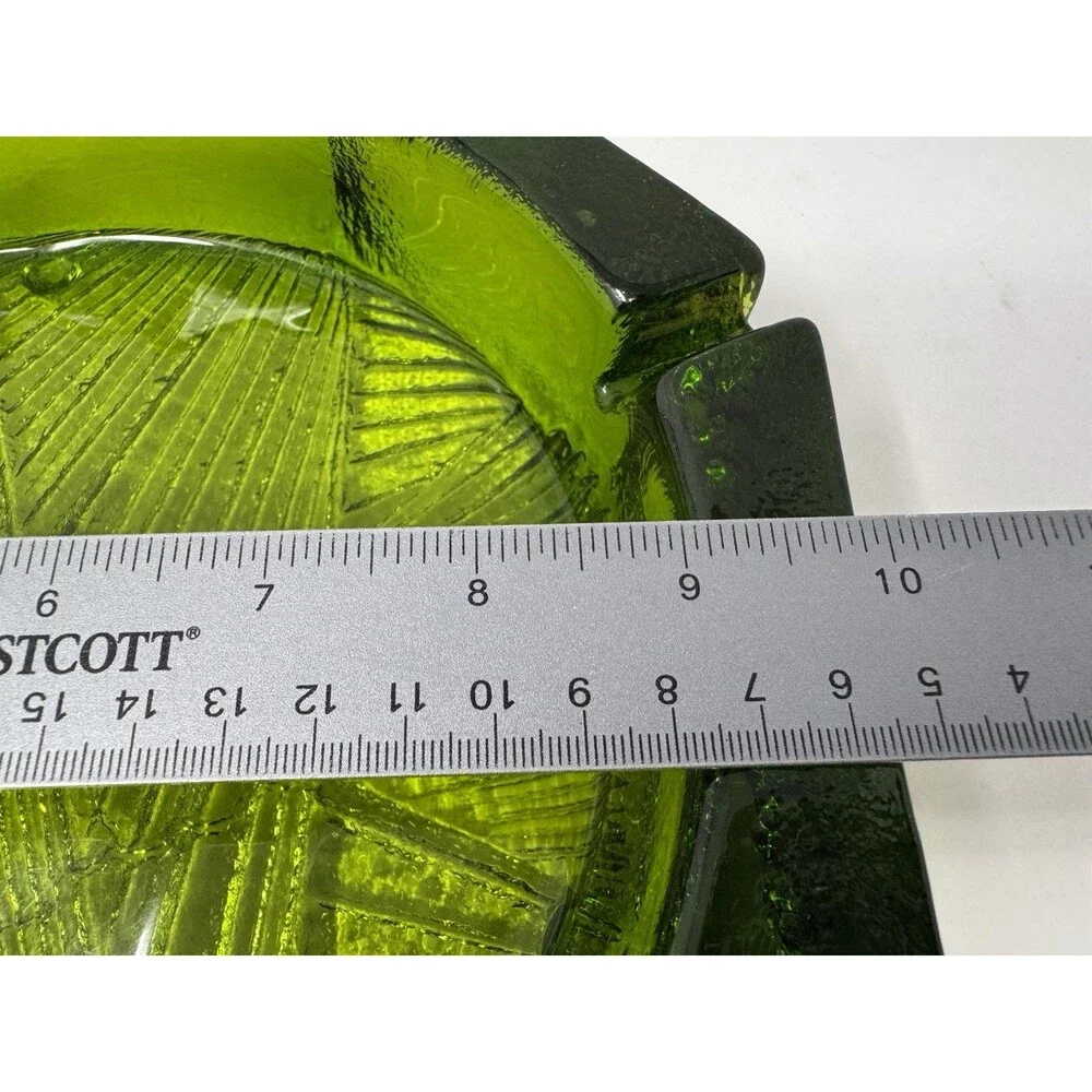 MCM Vintage Green Glass Ashtray Geometric Textured 10” Hexagon